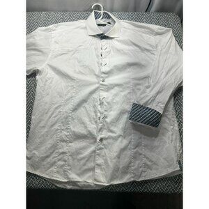 Men's Bogosse White Button-Down Shirt Blue Patterned Collar & Accents Size 7